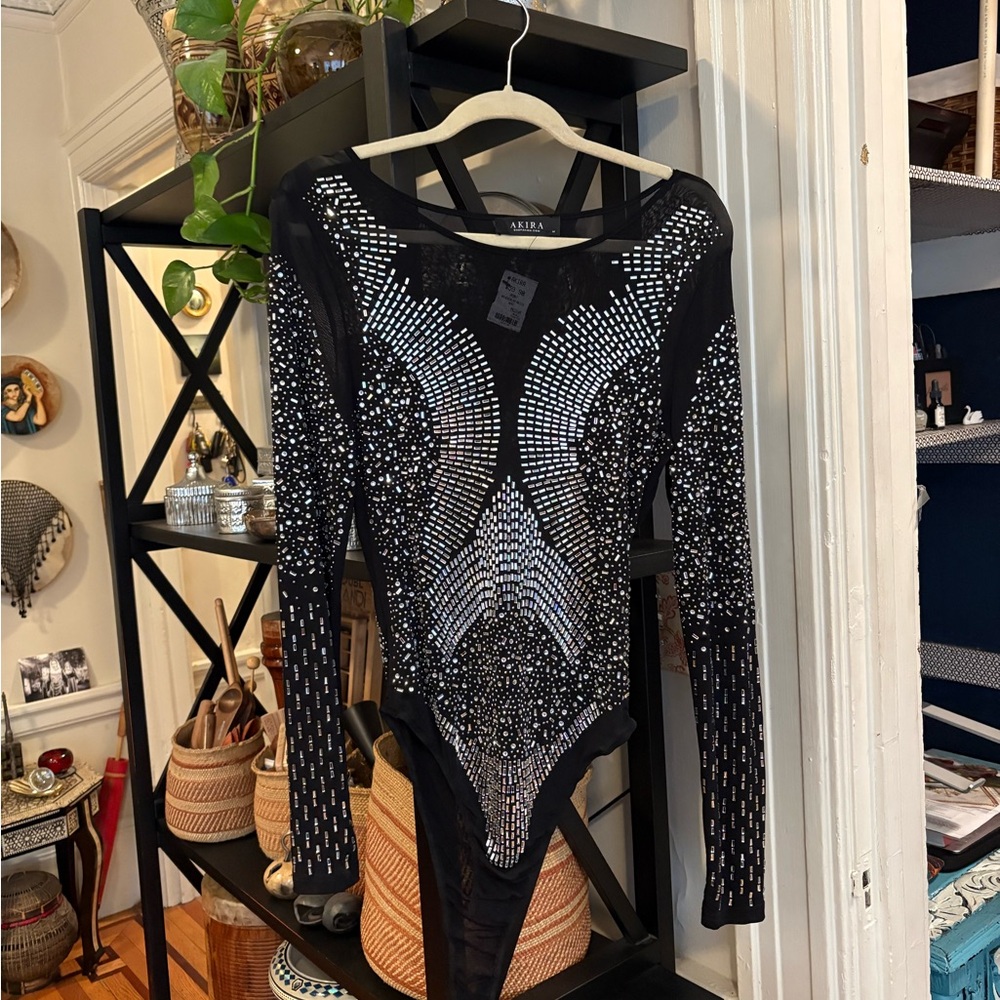 AKIRA Black Rhinestone Bodysuit with Silver Mirrors and Rhinestones